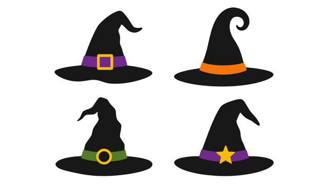 Set of four black witch hats with colorful bands
