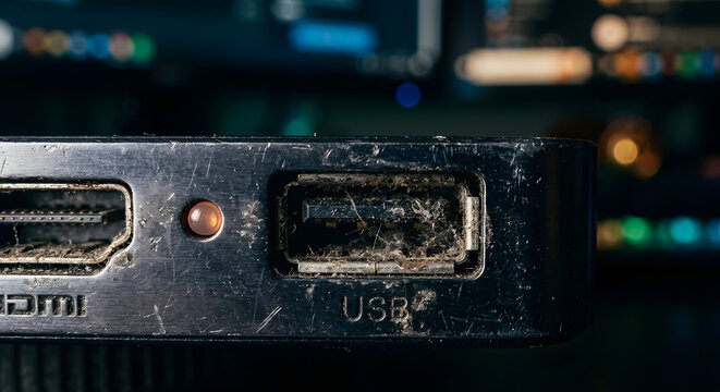 Macro showing dusty USB connection on scratched electronic device port.