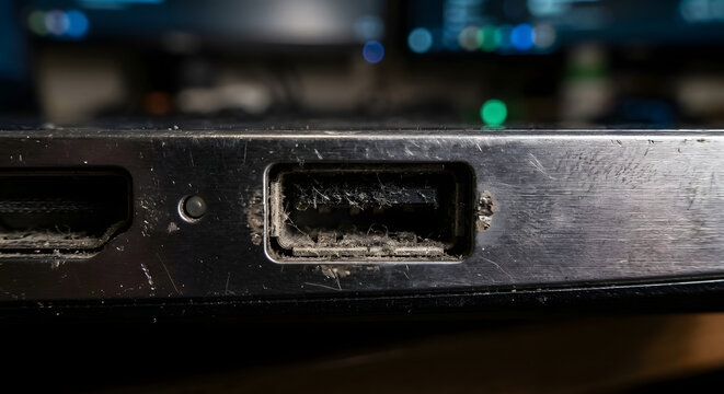 Macro showing dusty USB connection on scratched electronic device port.