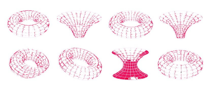 Set of pink wireframe torus and funnel geometric mesh shapes