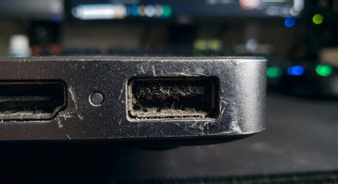 Macro showing dusty USB connection on scratched electronic device port.