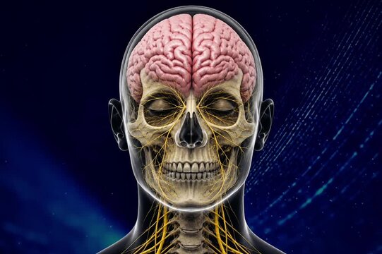 Human skull brain and nervous system front of view 3d animation 