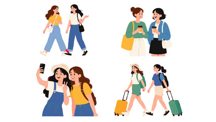 Fototapeta premium Set of young women friends walking, chatting, taking selfies and traveling
