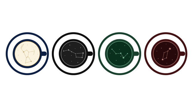 Coffee cup icon set with constellation patterns and star maps