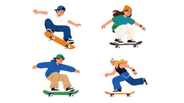 Cartoon skateboarders riding boards in dynamic action poses