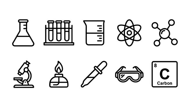 Chemistry line icon set with laboratory and science symbols