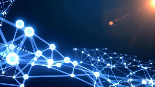 Abstract blue glowing network structure with connecting nodes and lines against a dark background with a sun flare