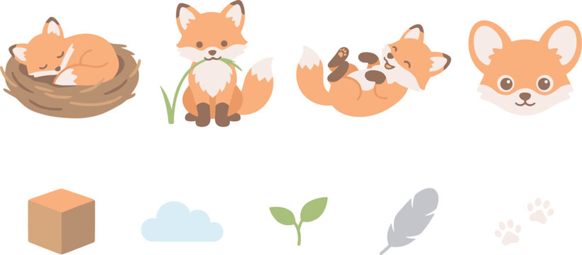 Adorable Kawaii Red Fox Cub Vector Set Featuring Small Cartoon Animals Sleeping in Nest Rolling and Sitting with Cloud Feather and Paw Prints