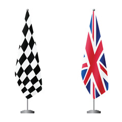 Fototapeta premium Checkered and United Kingdom flags on flagpoles for official ceremonies and meetings, transparent background vector