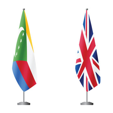 Comoros and United Kingdom flags on flagpoles for official ceremonies and meetings, transparent background vector