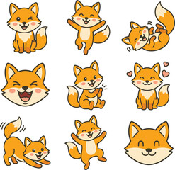 Fototapeta premium Cute Cartoon Red Fox Emoji Vector Set Featuring Kawaii Animal Character Expressions with Happy Laughing Winking and Joyful Jumping Poses