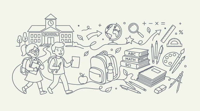 A line drawing illustration of students walking to a school building