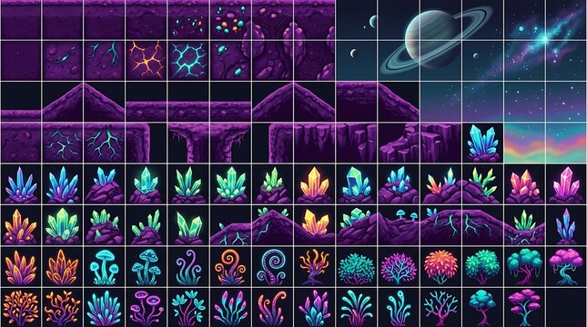Colorful alien planet game asset tileset with glowing fantasy vegetation