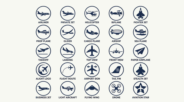 Aviation and aircraft icon set, 25 flat vector airplane symbols for airport signage, commercial flight and private jet transportation graphics