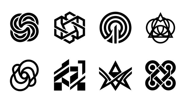 Minimalist geometric logo set, 8 black abstract vector icons, modern corporate branding symbols, linear monograms for tech and creative business identity