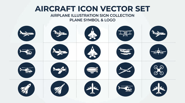 Aircraft icon vector set, airplane illustration sign collection, plane symbol and logo bundle for aviation travel and transport