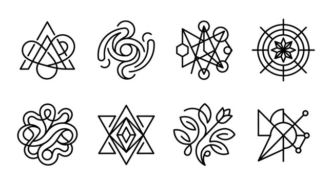 Sacred geometry line art icons, set of 8 mystical alchemy symbols, minimalist occult celestial vector graphics for branding and tattoo design