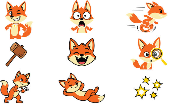 Funny Red Fox Mascot Vector Emoji Set Featuring Cartoon Character Expressions Shocked Laughing Investigating and Running with Mallet and Star Icons