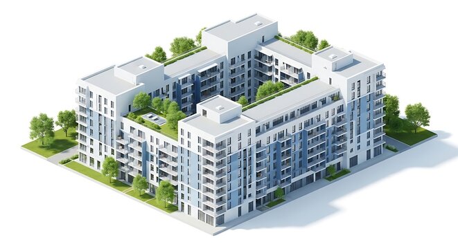 Modern residential apartment complex with rooftop garden