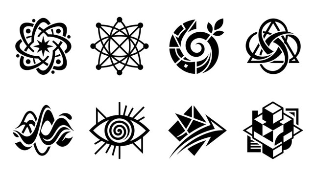 Abstract geometric logo icons set, black and white minimalist symbols, 8 modern vector branding elements, futuristic science and nature signs