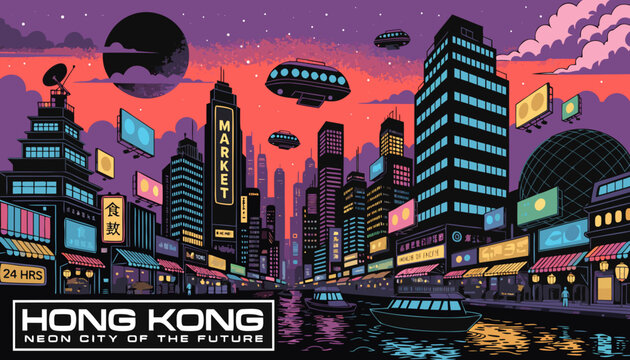 Very beautiful Hong Kong cyberpunk poster featuring dense futuristic skyscrapers, glowing neon markets, holographic billboards, reflective harbor lights, flying transit vehicles, and a dramatic retro-