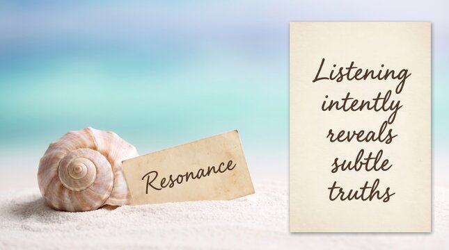 Resonance message on beach next to seashell with ocean backdrop