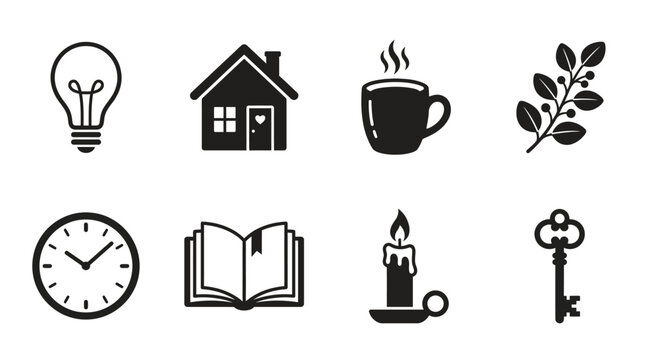 Collection of Simple Black and White Icons Representing Everyday Objects, Concepts, and Home Life