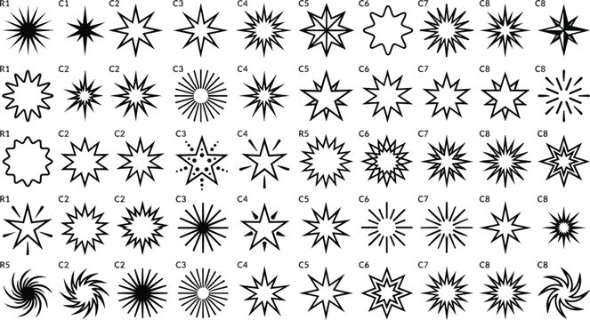 Array of various starburst and asterisk graphic elements is presented in a grid formation.