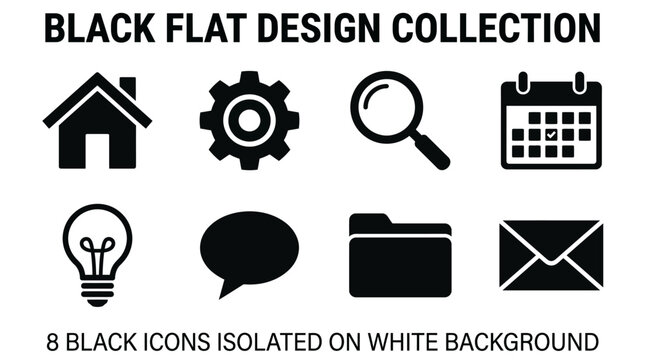 Modern Black Flat Design Icon Collection for Web and App Interface - Essential Digital Symbols Set, UI UX Graphic Elements