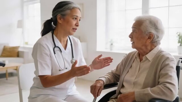 Leaning forward nurse in scrubs talking, placing hand on patient in wheelchair reassuring