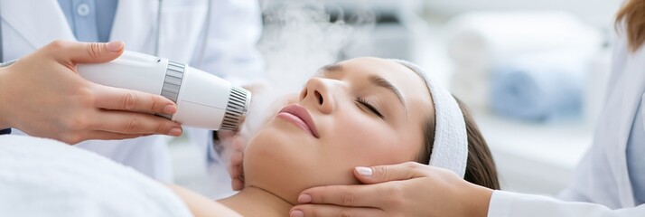 Fototapeta premium Crisp daylight highlights a facial technician using a vapor device in a bright clinical spa lab focusing on the hands and face while medical charts and towels remain unfocused
