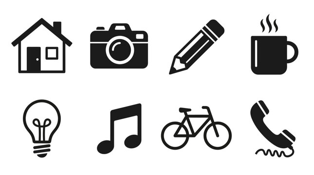 Minimalist black lifestyle icons set, 8 flat vector symbols for web and app design, modern interface elements including camera, house, and music note