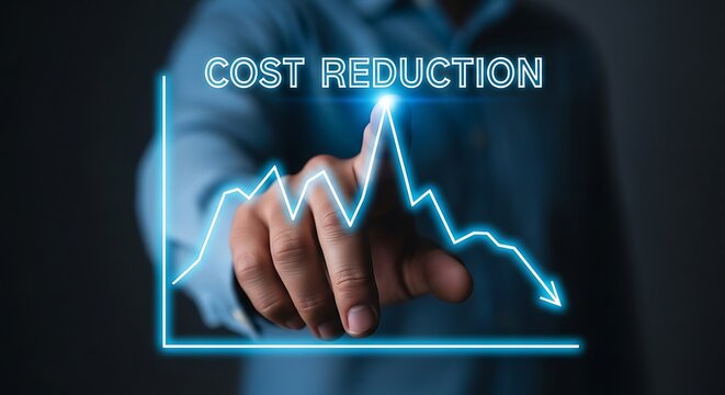 Business hand pressing cost reduction button on digital interface with financial graph analysis