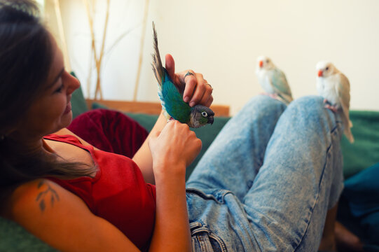 Young woman playing with her pet parakeets at home