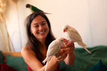 Young woman playing with her pet parakeets at home © Solid photos