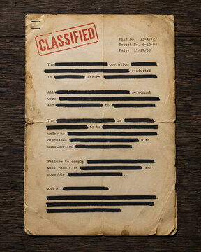 Top secret classified document with writing erased with black ink