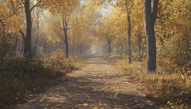 A peaceful forest path covered in golden autumn leaves, inviting exploration and reflection, 