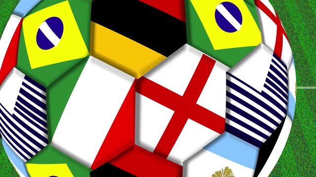 International flags soccer ball spinning on a green grass field in this motion graphics video