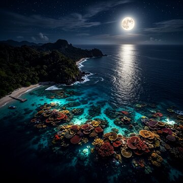 Vibrant coral reefs glow under a serene moonlit ocean at night near a tranquil beach