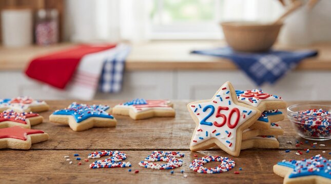 USA 250th anniversary Independence Day star cookies baking polished holiday composition bright public celebration view star shaped cookies with sprinkles and 250 elements suit patriotic baking flat
