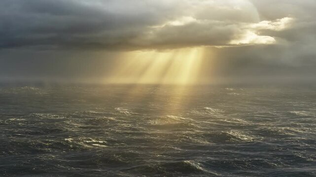 Dramatic ocean storm with sunlight breaking through clouds