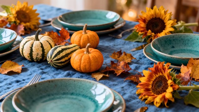 Autumn table setting with pumpkins and sunflowers