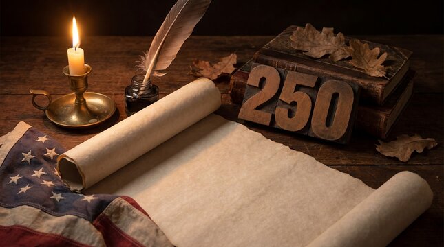 USA 250th anniversary Independence Day historic still life festive closeup perspective bright public celebration view candle parchment flag and 250 numerals create founding era inspired heritage