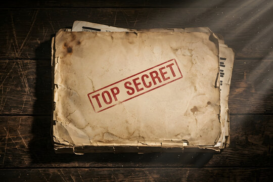 Top Secret Stamped Vintage Old File Folder on Wooden Desk