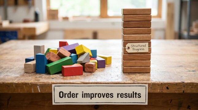 Stacked wooden blocks and scattered colorful blocks on table