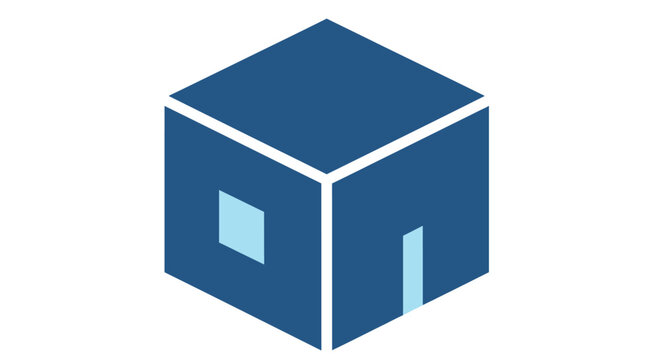 Abstract Geometric Blue Cube with a Window and Lines on a White Background