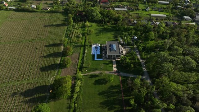Wide aerial view of Chateau Mukhrani vineyard and estate in Georgia, geometric rows of green grapevines stretching toward the royal palace and village countryside under sunny sky.