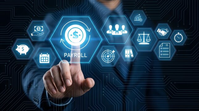 Digital interface showcasing payroll management with icons for finance, calendar, employees, and legal compliance.