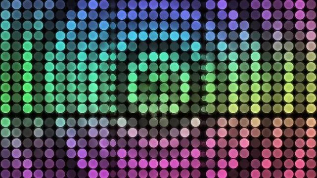 Abstract colorful LED dot matrix display background with pulsing purple and yellow lights