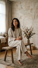 Fototapeta premium Serene olive-skin woman in wide-leg linen outfit sitting barefoot on rustic wooden bench with ceramic cup in wabi-sabi living room with dried botanical vase, calm lifestyle, vertical